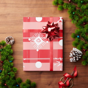 Pink Red Christmas Plaid Snowflakes Wrapping Paper