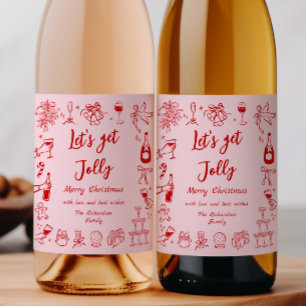 Pink Red Christmas Wine Bottle Label Drink Doodles