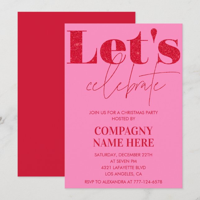 Pink Red Company Christmas Party  Let's celebrate Invitation (Front/Back)
