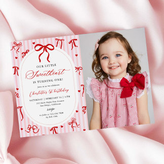 Pink Red Coquette Bow Valentine 1st Birthday Photo Invitation