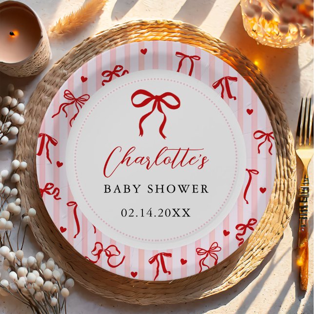 Pink Red Coquette Bow Valentine Baby Shower Paper Plate (Creator Uploaded)