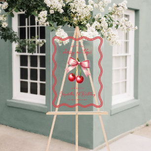 Pink Red Coquette Cherry 1st Birthday Welcome Acrylic Sign