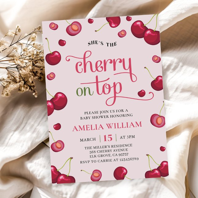 Pink red Coquette Cherry on Top Baby Shower Invitation (Creator Uploaded)