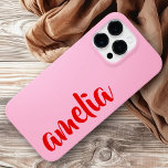 Pink red custom name bold script Case-Mate iPhone 14 pro max case<br><div class="desc">Phone cover featuring your name in a red script font on a pink background. Bold and colourful design.</div>