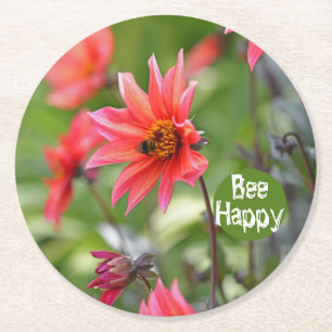 Pink & Red Dahlia Bee Happy Flowers Motivational Round Paper Coaster