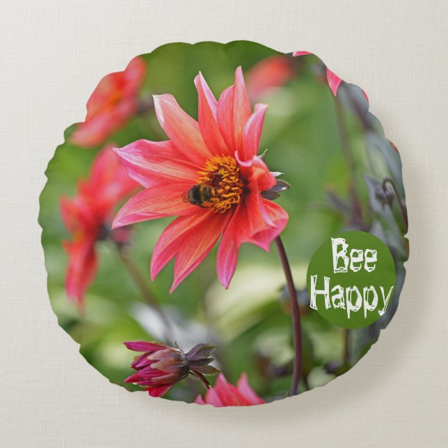 Pink & Red Dahlia Bee Happy Flowers Motivational Round Pillow (Front)