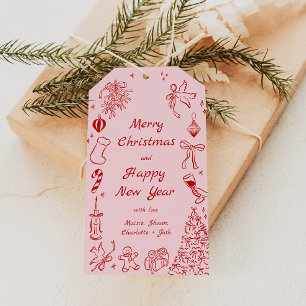 Pink Red Doodle Christmas Gift Tag Quirky Holiday 