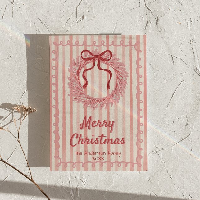 Pink Red Drawn Wreath Bow Christmas Non-Photo Holiday Card (Creator Uploaded)
