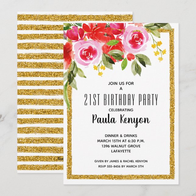 Pink Red Floral 21st Birthday Glitter Invitations (Front/Back)