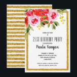 Pink Red Floral 21st Birthday Glitter Invitations<br><div class="desc">Watercolor floral design in the corner and your chic text framed by a gold faux glitter border,  these birthday party invitations are great for any age. All text,  fonts,  colours,  sizes can be modified,  just click the Customize further link. MATCHING items in our store.</div>
