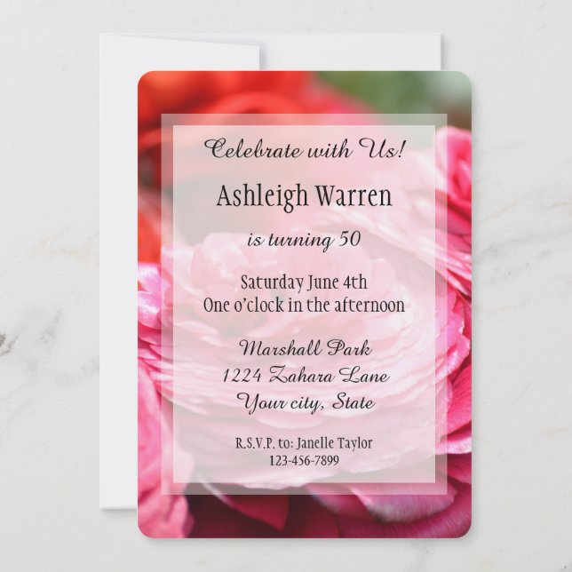 Pink Red Floral 50th Birthday Invitation (Back)