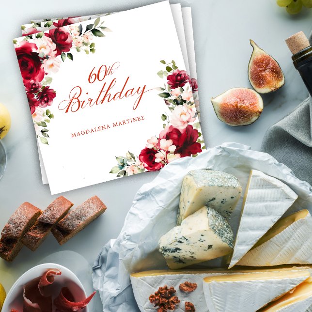 Pink Red Floral 60th Birthday Custom Cocktail Napkin (Creator Uploaded)