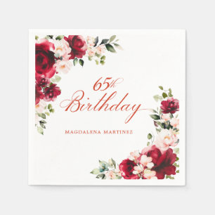 Pink Red Floral 65th Birthday Custom Cocktail Napkin