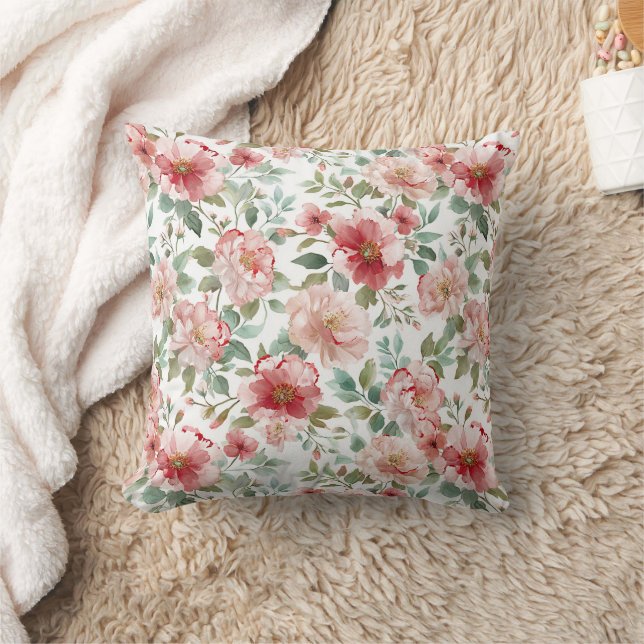 Pink Red Floral Birthday Throw Pillow (Blanket)