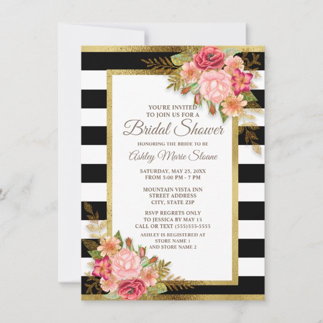Pink Red Floral Black White Stripes Gold Bridal Invitation (Front)