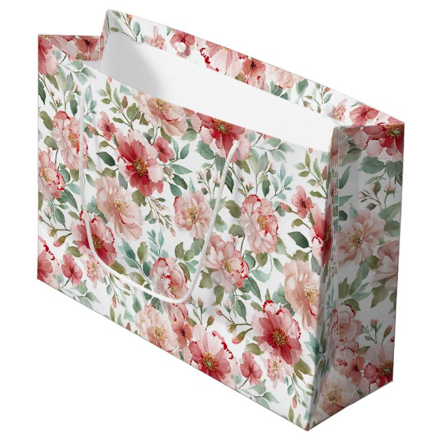 Pink Red Floral Bridal Shower Large Gift Bag (Front Angled)