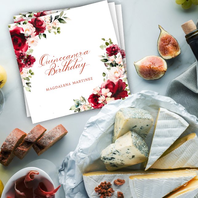 Pink Red Floral Quiceanera Birthday Personalized Napkin (Creator Uploaded)