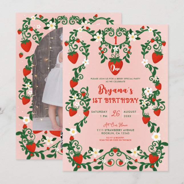 Pink & Red Floral Vines Strawberry 1st Birthday  Invitation (Front/Back)