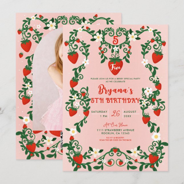 Pink & Red Floral Vines Strawberry Birthday Party Invitation (Front/Back)