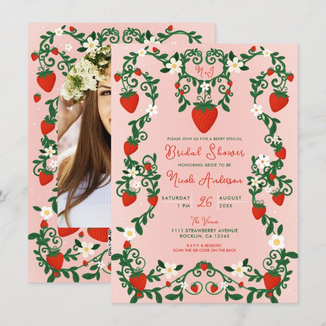 Pink & Red Floral Vines Strawberry Bridal Shower Invitation (Front/Back)