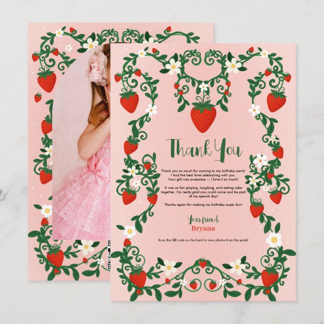 Pink & Red Floral Vines Strawberry Cute Thank You Invitation (Front/Back)