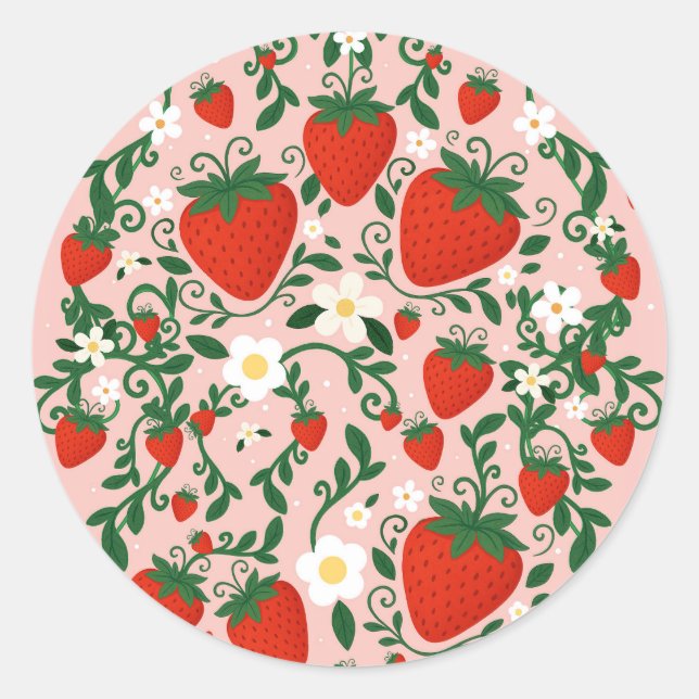 Pink & Red Floral Vines Strawberry Party Classic Round Sticker (Front)
