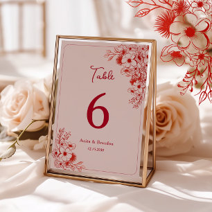 Pink Red Floral Wedding Table Number