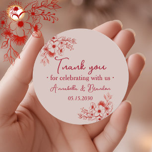 Pink Red Floral Wedding Thank You Classic Round Sticker