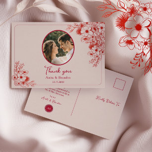 Pink Red Floral Wedding Thank You Postcard