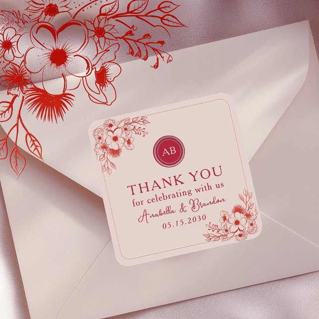 Pink Red Floral Wedding Thank You Square Sticker (Creator Uploaded)