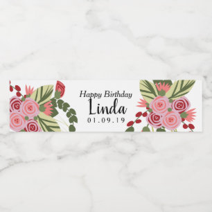 Pink Red Florals Happy Birthday    Water Bottle Label