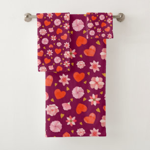 Pink & Red Flowers and Hearts  Bath Towel Set