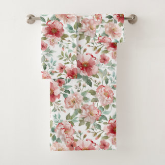 Pink Red Flowers Bath Towel Set