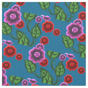 Pink/red flowers/green leaves/Folk  floral/blue Fabric