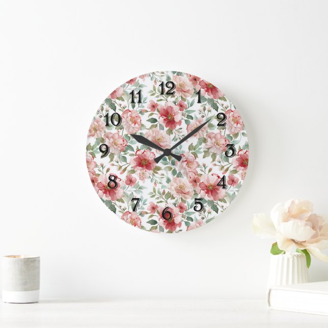Pink Red Flowers Large Clock (Home)