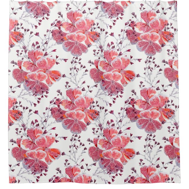 Pink-red flowers on white. (Front)