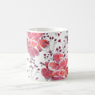 Pink-red flowers on white.  coffee mug
