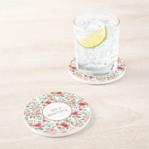 Pink Red Flowers Personalized Quote Coaster