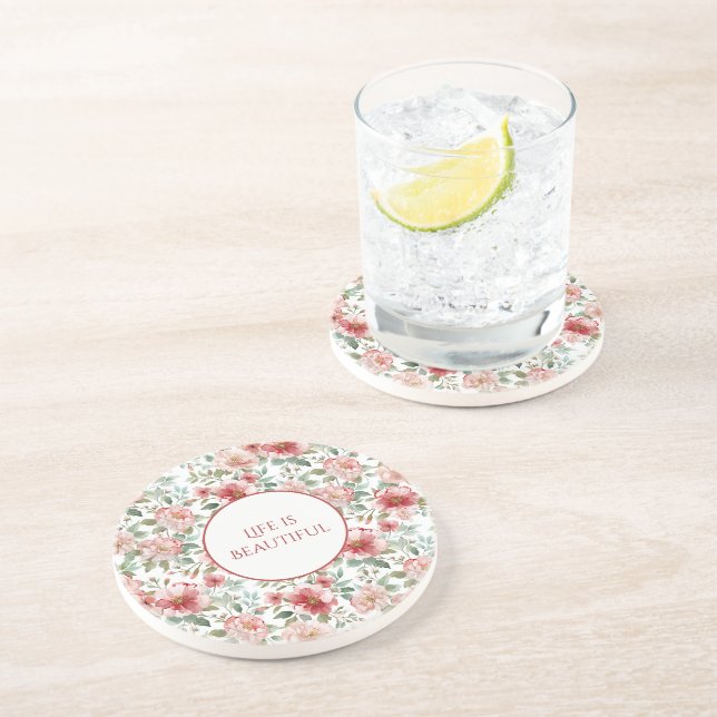 Pink Red Flowers Personalized Quote Coaster (Side)