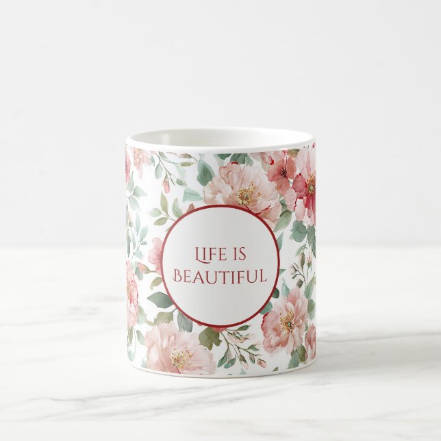 Pink Red Flowers Personalized Quote Coffee Mug (Center)