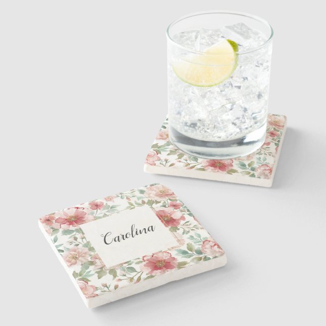 Pink Red Flowers   Stone Coaster (Side)