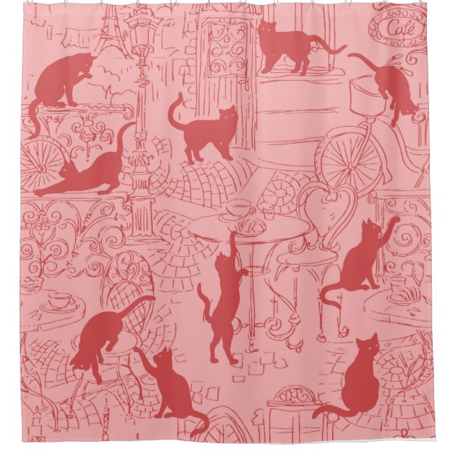 Pink Red French Cat Paris Cafe Shower Curtain (Front)