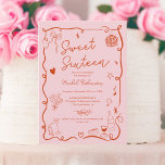 Pink red French hand drawn illustrated Sweet 16 Invitation<br><div class="desc">Celebrate your Sweet 16 birthday in style with our charming Retro French pink and red birthday Invitation! This hand-drawn illustrated vintage French design exudes elegance and whimsy, featuring delicate squiggles, wavy edge frames, and intricate sketches of food and drinks, including wine glasses, cocktails, and delectable treats. The heartwarming details and...</div>
