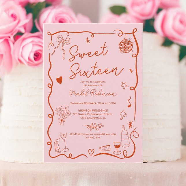 Pink red French hand drawn illustrated Sweet 16 Invitation (Pink red French hand drawn illustrated Sweet 16 Invitation)