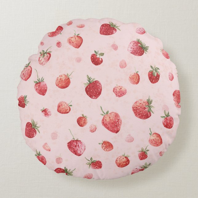 Pink Red Fruit Strawberries Round Pillow (Front)