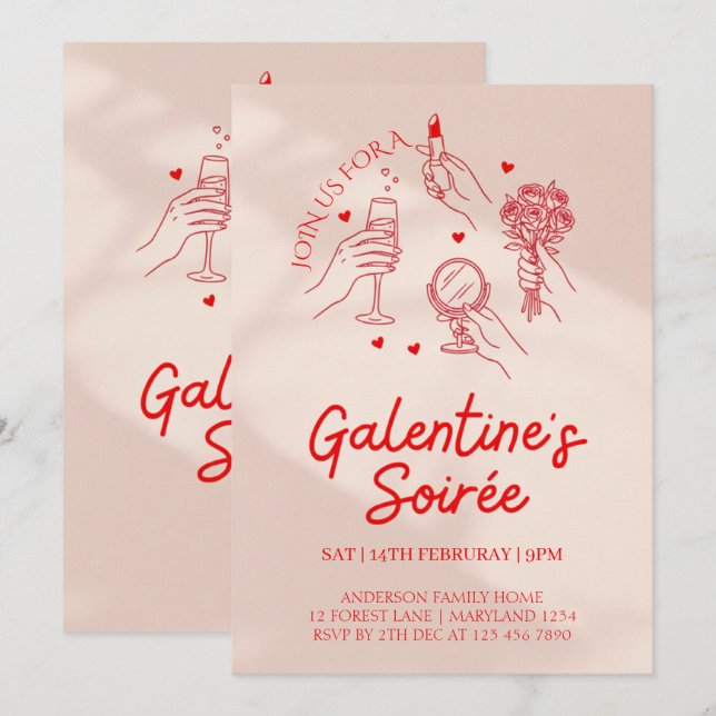 Pink & Red Galentine’s Day Party Invitation Templa (Devant / Derrière)