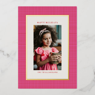 Pink Red Gingham Plaid Family Photo Christmas Gold Foil Holiday Card
