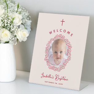 Pink & Red Girl Baptism Photo in Flower Wreath Pedestal Sign