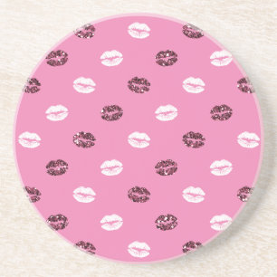 Pink Red Glitter White Kisses Lips   Coaster