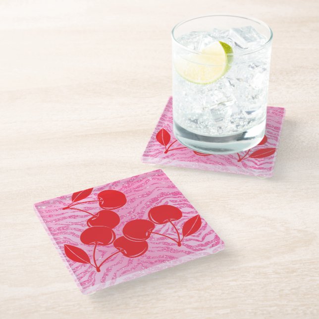 Pink Red Glitter Zebra Cherries Glass Coaster (Angled)